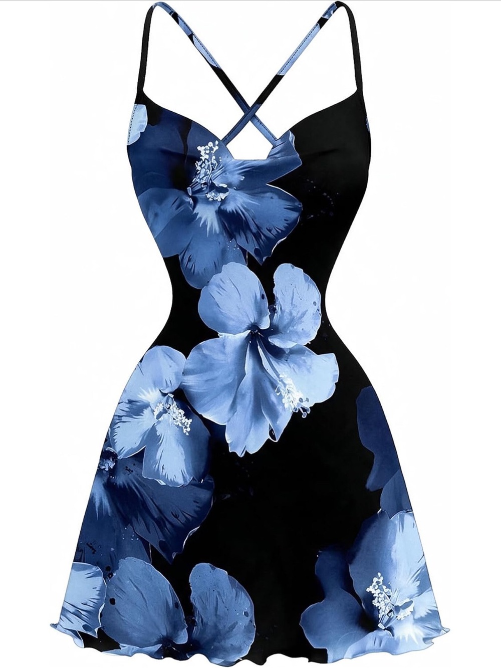 Floral Crisscross Mini Dress in Blue and Black